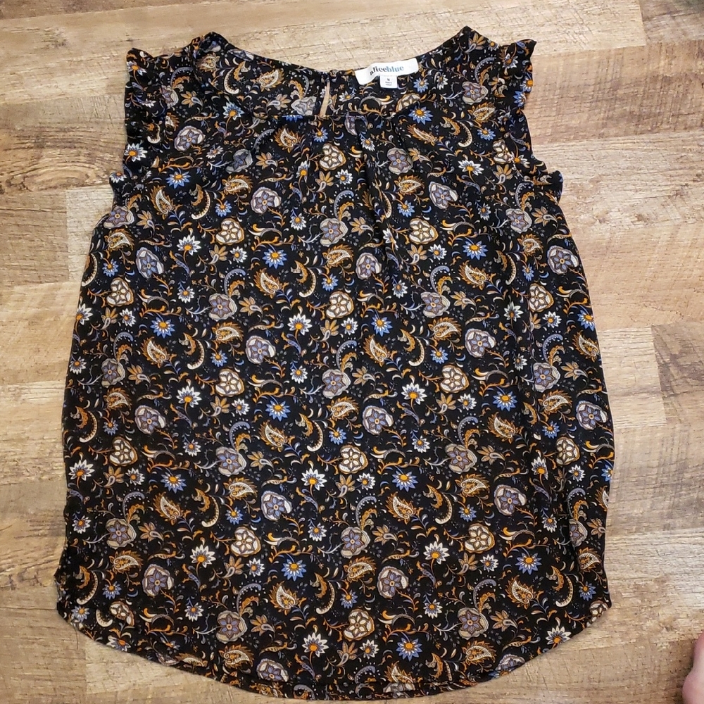 Alice Blue Brown and Tan Ruffled Sleeveless Blouse